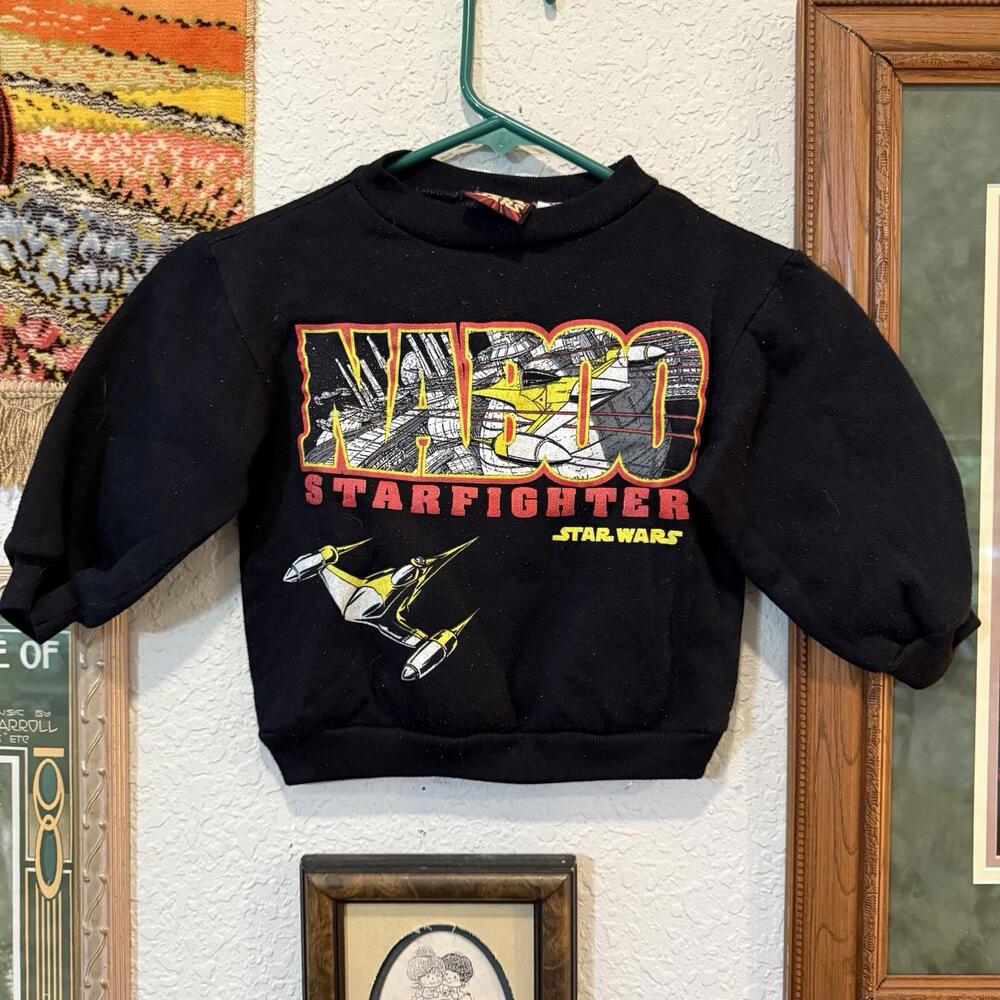 Vintage 90s RARE Star Wars Naboo Star fighter Black Kids Sweatshirt Size‎ Boys 4